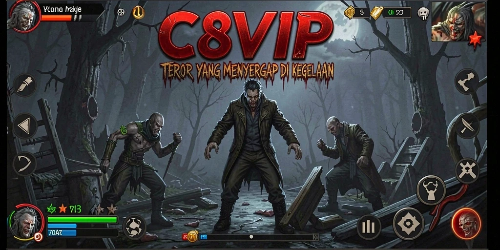 Screenshot utama C8VIP menampilkan suasana kegelapan yang mencekam.