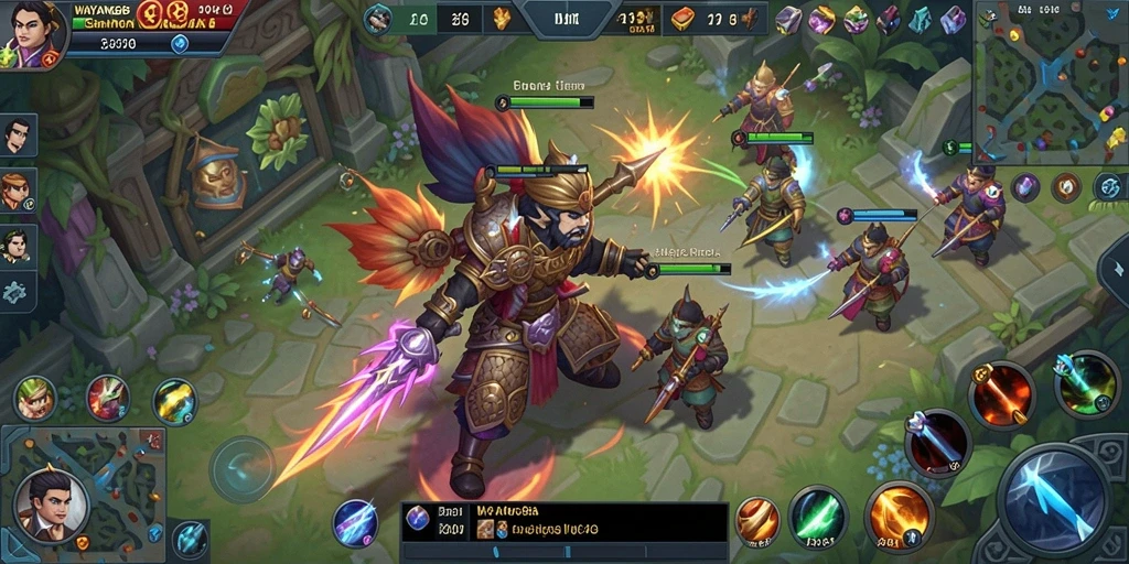 Screenshot utama WAYANG88 menunjukkan aksi pertarungan karakter MOBA.